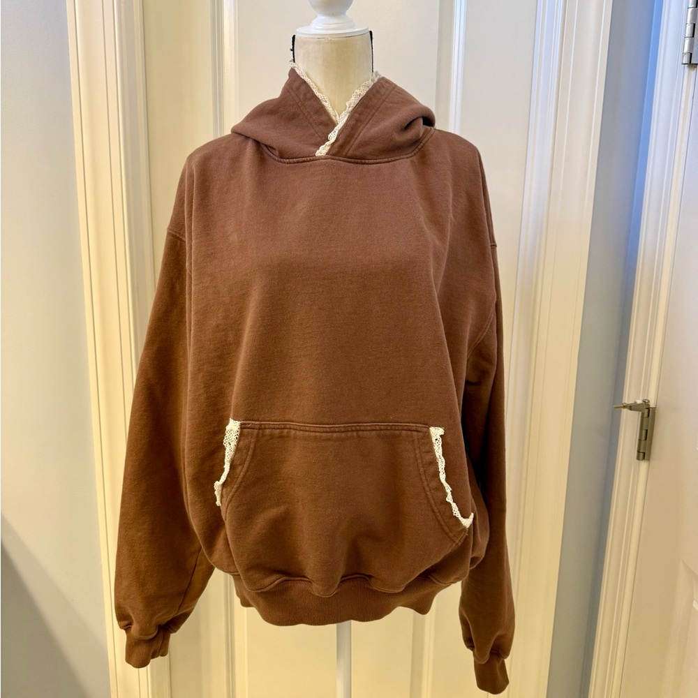 Tanner Fletcher Brown Hoodie with Lace Trim - M
